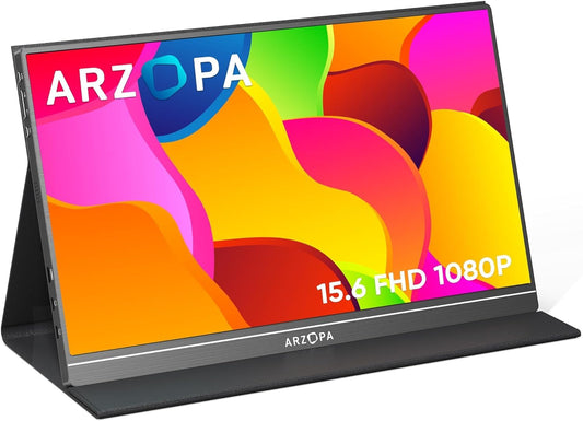 Monitor portátil ARZOPA, monitor para computadora portátil FHD de 15,6'' 1080P con puerto USB C, HDMI, HDR, protección para los ojos, pantalla externa con cubierta inteligente para Mac, teléfono, Xbox, Switch, PS5-S1, mesa